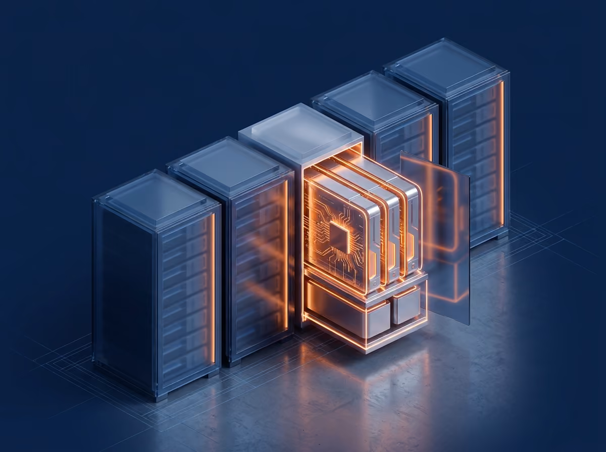 Ilustração 3D de racks de servidores