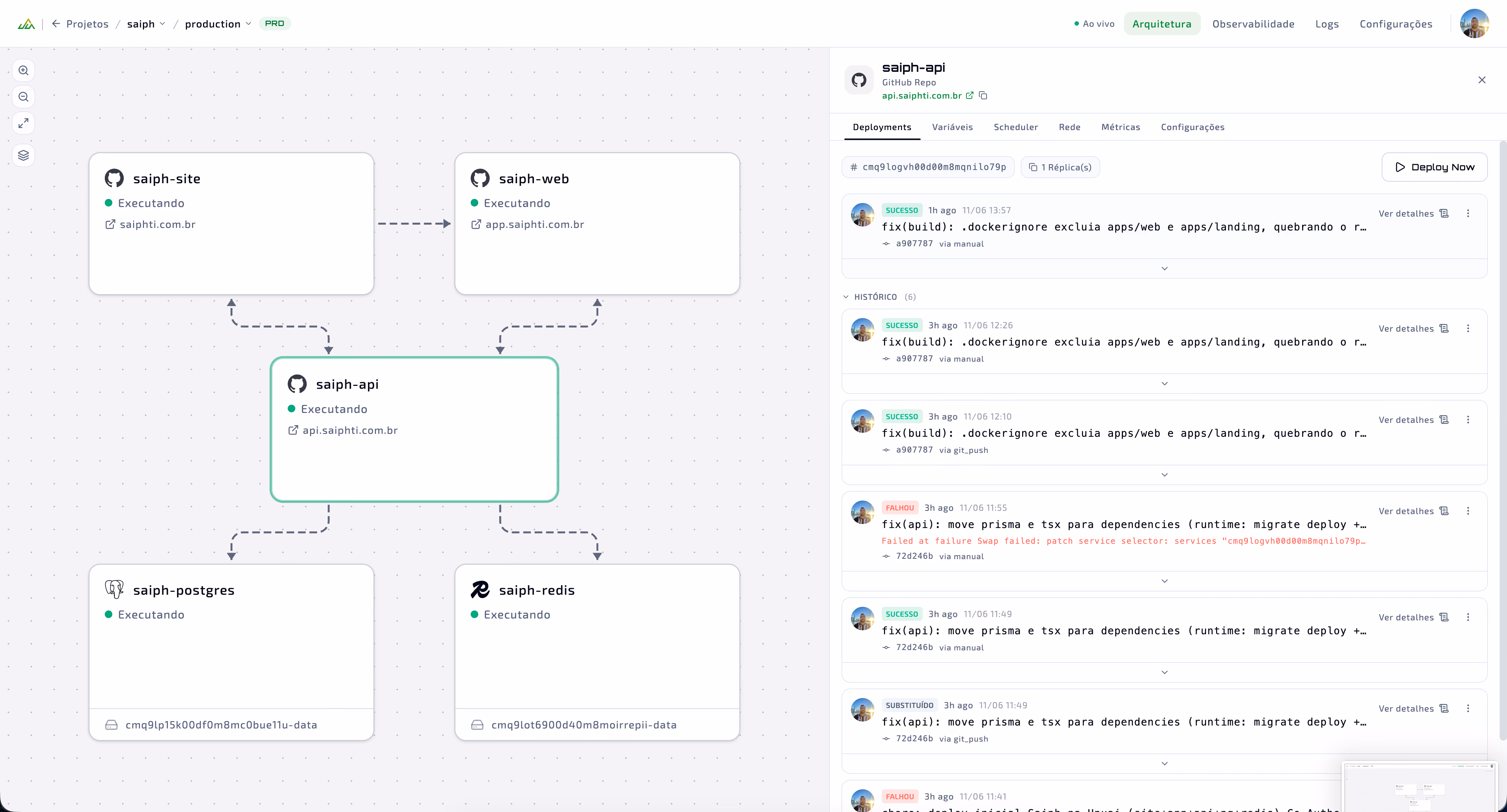Detalhe de um serviço no UpUai com histórico de deployments via git push e botão Deploy Now